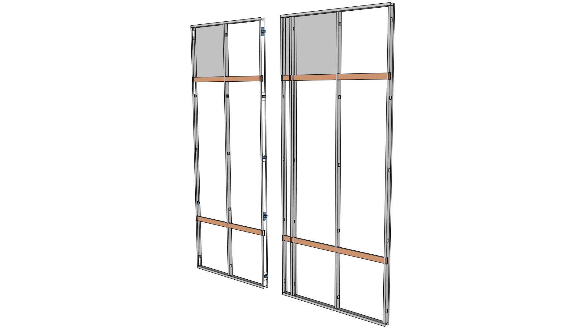 3D render of two modular reuse wall panels with connector hardware