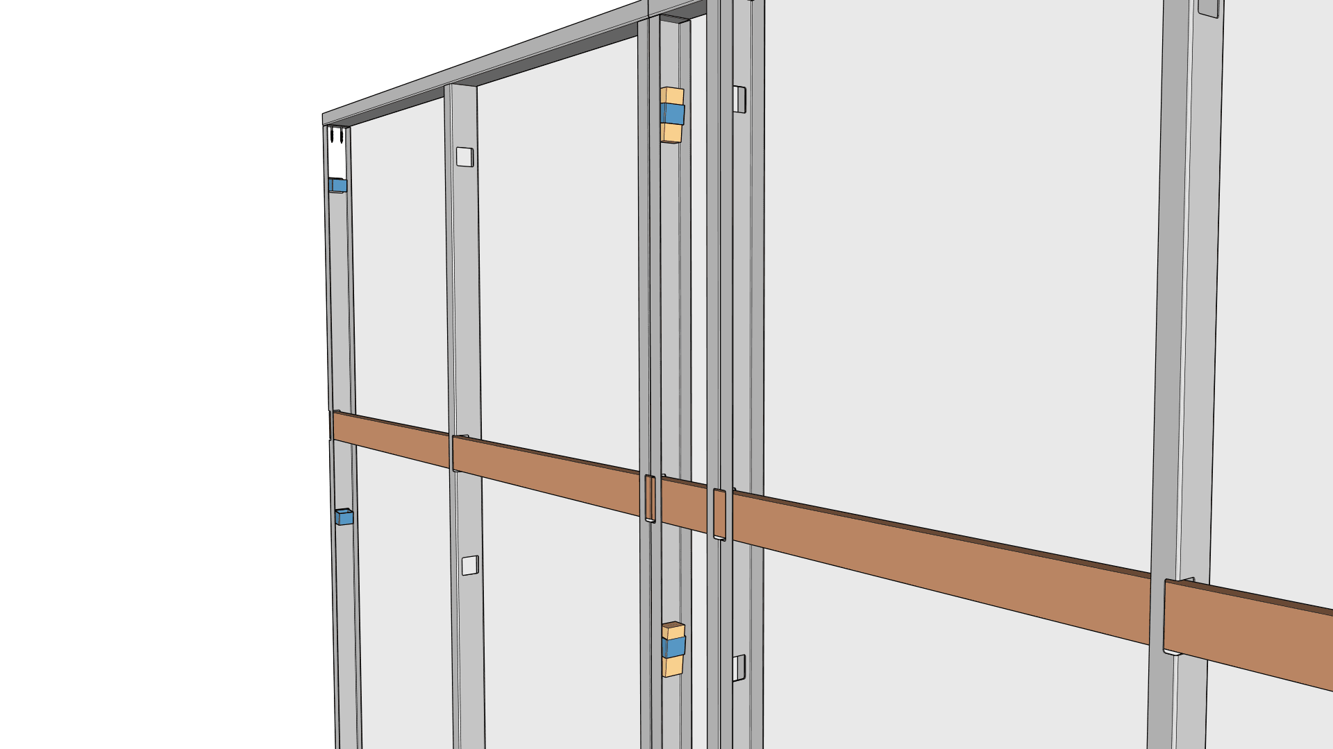 3D render of two modular reuse wall panels with connector hardware
